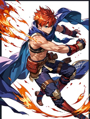 1male warrior, half-chibi, side view, full_body_view, zoom_out, fighting pose, white background,128 colors, black border, fire emblem inspired,score_9, score_8_up, score_7_up,source_anime,BREAK,