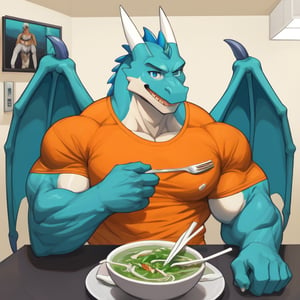 (Perfect eyes)a cyan dragon, blue eyes, white belly, muscle, big muscle, huge muscle, big body, huge body, two white horn, two wings, three toes, sitting at the table, eating Vietnamese pho, pho, eating pho in a bowl, use a fork to eat pho, happy face, wear a orange t-shirt, wear a short, wear glasses, hold fork