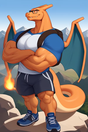 CharizardXL, Charizard, Perfect eyes, muscle, big muscle, big body, huge body, orange eyes, Furry Mix, mountain peak background, standing one foot on the rock, look to the horizon, 3 fingers, wear glasses, wear a big backpack, wear dark blue hiking shoes, wear shorts with pockets, wear hiking t-shirt, crossed arms