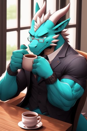 (perfect eyes) A cyan dragon, muscle, wear suit jacket, wear Glasses, two white horn, sit on the chair and near tea table, tea drinking pose, drink some tea, wear a blue tie 