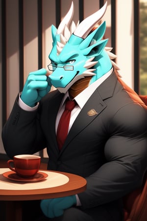 (perfect eyes) A cyan dragon, muscle, wear suit jacket, wear Glasses, two white horn, sit on the chair and near tea table, tea drinking pose, drink some tea