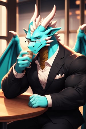 (perfect eyes) A cyan dragon, muscle, wear suit jacket, wear Glasses, two white horn, sitting near the table to drink tea, tea drinking pose, drink some tea, two wings 