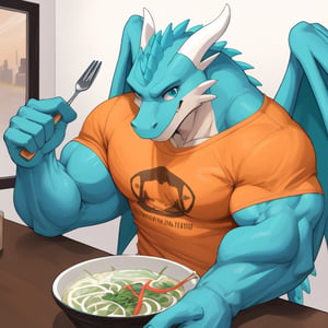 (Perfect eyes)a cyan dragon, blue eyes, white belly, muscle, big muscle, huge muscle, big body, huge body, two white horn, two wings, three toes, sitting at the table, eating Vietnamese pho, pho, eating pho in a bowl, use a fork to eat pho, happy face, wear a orange t-shirt, wear a short, wear glasses, hold fork