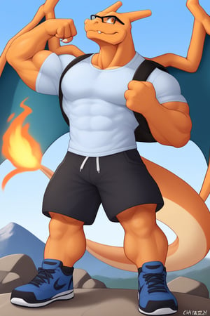 CharizardXL, Charizard, Perfect eyes, muscle, big muscle, big body, huge body, orange eyes, Furry Mix, mountain peak background, standing one foot on the rock, look to the horizon, 3 fingers, wear glasses, wear a big backpack, wear dark blue hiking shoes, wear shorts with pockets, wear hiking t-shirt, crossed arms, flexing 