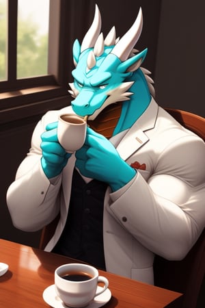 (perfect eyes) A cyan dragon, muscle, wear suit jacket, wear Glasses, two white horn, sit on the chair and near tea table, tea drinking pose, drink some tea