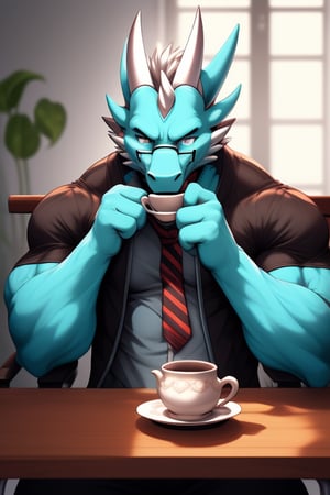 (perfect eyes) A cyan dragon, muscle, wear suit jacket, wear Glasses, two white horn, sit on the chair and near tea table, tea drinking pose, drink some tea, wear a blue tie 