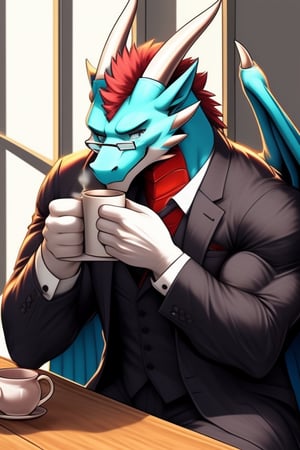 (perfect eyes) A cyan dragon, muscle, wear suit jacket, wear Glasses, two white horn, sitting near the table to drink tea, tea drinking pose, drink some tea, two wings 