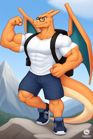 CharizardXL, Charizard, Perfect eyes, muscle, big muscle, big body, huge body, orange eyes, Furry Mix, mountain peak background, standing one foot on the rock, look to the horizon, 3 fingers, wear glasses, wear a big backpack, wear dark blue hiking shoes, wear shorts with pockets, wear hiking t-shirt, crossed arms, flexing, Hold the book 