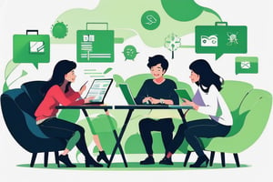 studying together, group study, warm color scheme, green theme, white background, happy, SmpSk