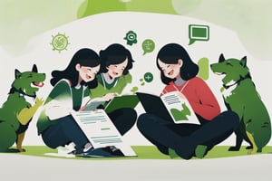 studying together, group study, warm green color scheme, white background, happy, SmpSk