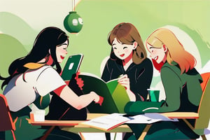 studying together, group study, warm green color scheme, light blonde hair, light brown hair, black hair, white background, happy, SmpSk