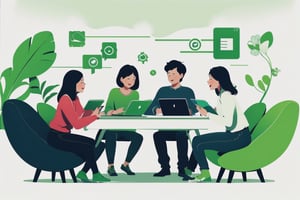 studying together, group study, warm color scheme, green theme, white background, happy, SmpSk