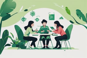 studying together, group study, warm color scheme, green theme, white background, happy, SmpSk