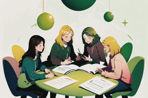 studying together, group study, warm green color scheme, light yellow hair, dark hair, white background, happy, SmpSk