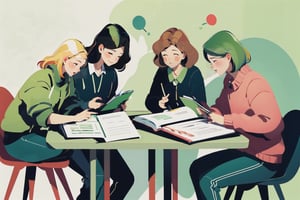 studying together, group study, warm green color scheme, light yellow hair, brown hair, black hair, white background, happy, SmpSk