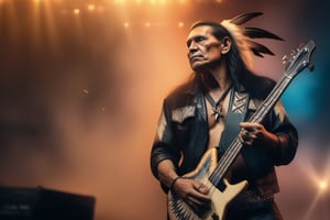 Native American. 80s metal bass guitarist. Tribal Leather clothing. Single Feather in hair. Tribal guitar strap. Tribal Les Paul guitar. Eagle shaped Pyrotechnics background. Marshall Amp stacks in background. Hyper realistic. 4k. Photorealistic.