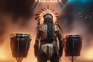 Native American. 80s metal drummer. Tribal Leather clothing. Single Feather in hair. 24 piece tribal drum set. Eagle shaped Pyrotechnics background. Marshall Amp stacks in background. Hyper realistic. 4k. Photorealistic.