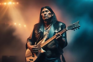 Native American. 80s metal guitarist. Tribal Leather. Flying V guitar. Eagle shaped Pyrotechnics background. Marshall Amp stacks in background. Hyper realistic. 4k. Photorealistic.