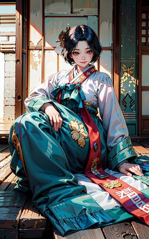 Girl,Drees,Black hair,short hair, colorful cloth, korea Traditional clothes), light smile, hua, (masterpiece:1.2, best quality), (Soft light), (shiny skin), 1girls,korea ink painting style,1girl, korea treditional cloth, hanbok, ,Realism,Extremely Realistic