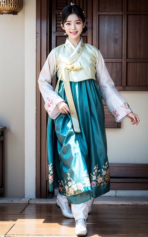 Girl,Drees,Black hair,short hair, colorful cloth, korea Traditional clothes), light smile, hua, (masterpiece:1.2, best quality), (Soft light), (shiny skin), 1girls,korea ink painting style,1girl, korea treditional cloth, hanbok, ,Realism,Extremely Realistic,Masterpiece,Young beauty spirit ,JeeSoo ,chinatsumura,Nice legs and hot body