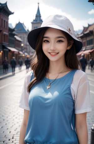  22years old girl, bright smile, 
The hat is random, the necklace is random, the earrings are random, clothes are random,  and the shoes are random, pose is random. The background is made up of random landmarks from around the world, ,LinkGirl
Ultra-clear, ultra-detailed, ultra-realistic,  full body shot, ,LinkGirl,real_booster
