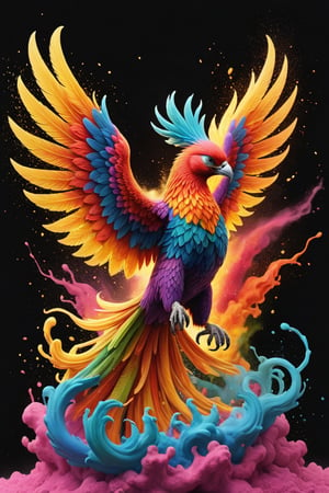 A blazing phoenix surrounded by flames.
The background shows rainbow-colored powder spreading like an explosion. 
It is so ridiculous that it is hard to distinguish the front,

Ultra-detailed, ultra-realistic, Ultra clear, full body shot, 