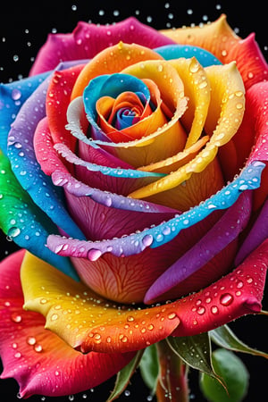 The appearance of colorful and colorful rose.
The background shows rainbow-colored powder spreading like an explosion. Water droplets moistening the rose flower.
It is so ridiculous that it is hard to distinguish the front,

close-up photography, Ultra-detailed, ultra-realistic, full body shot, 