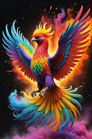 A blazing phoenix is flying in the sky, its entire body surrounded by flames.
The background shows rainbow-colored powder spreading like an explosion. 
It is so ridiculous that it is hard to distinguish the front,

Ultra-detailed, ultra-realistic, Ultra clear, full body shot, Distant view,