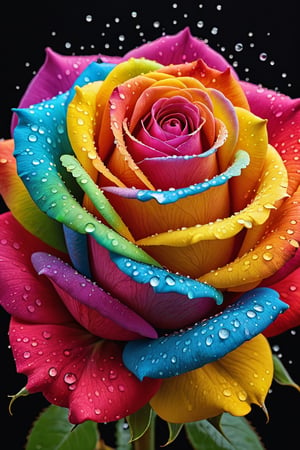 The appearance of colorful and colorful rose.
The background shows rainbow-colored powder spreading like an explosion. Water droplets moistening the rose flower.
It is so ridiculous that it is hard to distinguish the front,

only asian dragon, Ultra close-up photography, Ultra-detailed, ultra-realistic, full body shot, 