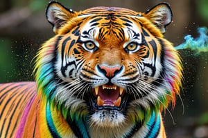 The appearance of colorful and colorful tiger.
The background shows rainbow-colored powder spreading like an explosion.
It is so ridiculous that it is hard to distinguish the front,

only asian dragon, Ultra close-up photography, Ultra-detailed, ultra-realistic, full body shot, 