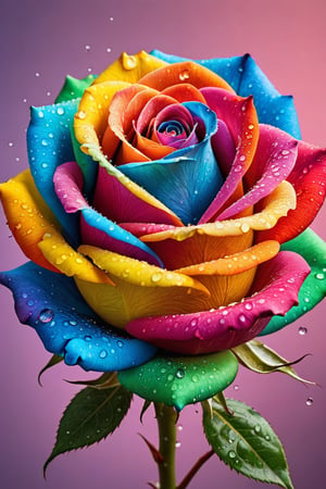 The appearance of colorful and colorful rose.
The background shows rainbow-colored powder spreading like an explosion. Water droplets moistening the rose flower.
It is so ridiculous that it is hard to distinguish the front,

Ultra-detailed, ultra-realistic, Ultra clear, full body shot, 