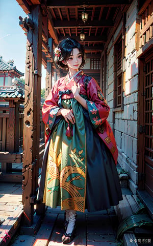 Girl,Drees,Black hair,short hair, colorful cloth, korea Traditional clothes), light smile, hua, (masterpiece:1.2, best quality), (Soft light), (shiny skin), 1girls,korea ink painting style,1girl, korea treditional cloth, hanbok, ,Realism,Extremely Realistic