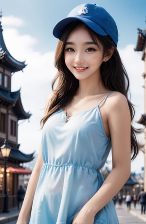  22years old girl, bright smile, 
The hat is random, the necklace is random, the earrings are random, clothes are random,  and the shoes are random, pose is random. The background is made up of random landmarks from around the world, ,LinkGirl
Ultra-clear, ultra-detailed, ultra-realistic,  full body shot, ,LinkGirl