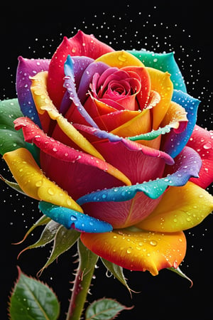 The appearance of colorful and colorful rose.
The background shows rainbow-colored powder spreading like an explosion. Water droplets moistening the rose flower.
It is so ridiculous that it is hard to distinguish the front,

close-up photography, Ultra-detailed, ultra-realistic, full body shot, 
