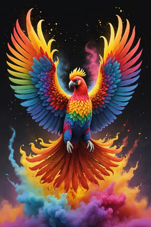 A blazing phoenix is flying in the sky, its entire body surrounded by flames.
The background shows rainbow-colored powder spreading like an explosion. 
It is so ridiculous that it is hard to distinguish the front,

Ultra-detailed, ultra-realistic, Ultra clear, full body shot, Distant view,