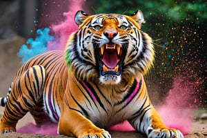 The appearance of colorful and colorful tiger. roaring tiger
The background shows rainbow-colored powder spreading like an explosion.
It is so ridiculous that it is hard to distinguish the front,

only asian dragon, Ultra close-up photography, Ultra-detailed, ultra-realistic, full body shot, 