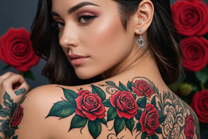 Rose tattoo on the entire body of a beautiful woman.

Ultra-detailed, ultra-realistic, Ultra clear, full body shot, Ultra close-up photography