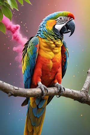 The appearance of colorful and colorful parrot sitting on a tree branch.
The background shows rainbow-colored powder spreading like an explosion. 
It is so ridiculous that it is hard to distinguish the front,

Ultra-detailed, ultra-realistic, Ultra clear, full body shot, 