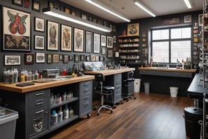 Inside the tattoo shop, there is a workbench, various tattoo equipment, and various tattoo samples hanging on a line.
Ultra-detailed, ultra-realistic, Ultra clear, full body shot, Ultra close-up photography