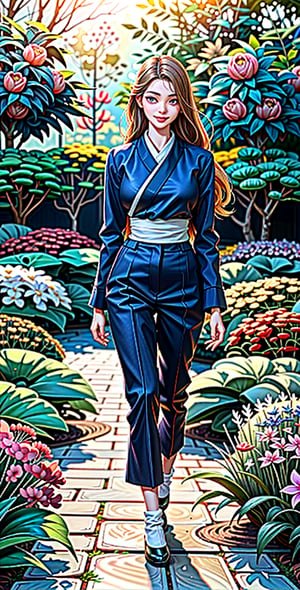 (RAW photo, highest quality), ultra realistic, highest quality, masterpiece, beautiful and aesthetic, 16K, (HDR:1.4), bright atmosphere, side lighting, gorgeous and very bright lighting, warm tones, vivid colors, (((Korea A 19-year-old woman, walking in a gorgeous and luxurious secret garden with no people, a secret garden full of various flowers, illuminated by bright morning sunlight))), ((((wearing Hanbok, the traditional Korean costume))), (( A garden full of autumn atmosphere and full of pretty flowers)), ((19-year-old woman, slim body, feminine smooth body)), ((Full body composition, composition with long legs, side and back views, very realistic, long blonde hair Hair, excellent legs, sexy S-line, slender body, perfect body line, natural big breasts, well-groomed pubic hair, beautiful doll face, young-looking face, perfect harmony of eyes, nose, and mouth, white skin, big eyes, attractive eyes, blue Eyes, white skin, moist lips, smiling expression, long eyelashes)),jwy1