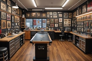 Inside the tattoo shop, there is a workbench, various tattoo equipment, and various tattoo samples hanging on a line.
Ultra-detailed, ultra-realistic, Ultra clear, full body shot, Ultra close-up photography