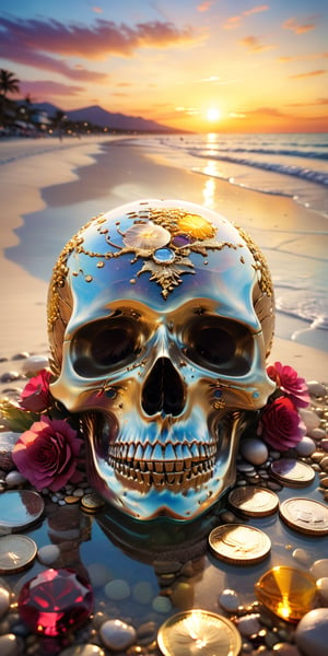 Sketch of sunset, (a skull made of reflective transparent glass encapsulates the reflection of the sunset), surrounded by gold and silver coins, surrounded by rubies and sapphires, white sand beach,  Fine focus, double exposure, in earthy colors plays, echoes of decadence, the complexity of the pattern captivates. Hyperrealism breathes, high resolution dreams, detail amazes, in the soft dark light of the picture, radiant, cinematic, HDR, photorealistic - all in double exposure, as if in the lens of time, captures a moment of eternity.,skll, Reflections, .SLB., 