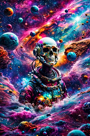 (best quality,8K,highres,masterpiece), ultra-detailed, (photoreal, cosmic, vibrant), an astronaut transformed into a skull floats in the vibrant abyss of space, surrounded by a dazzling cosmic ocean of galaxies and nebulae forming vivid and unique constellations. The bubbles surrounding the astronaut burst with an explosion of super colorful fragments, representing the vibrant knowledge and secrets of the universe. Captured with an 18 mm wide-angle camera, the 8K photorealism creates an image that not only evokes amazement at the immensity of the cosmos but also dazzles with a super colorful and awe-inspiring display.