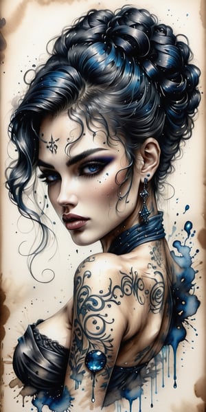 An intricate pencil drawing, whole figure of a beautiful rockabilly woman, darkness, black and blue,  beautiful face, full of details, beautiful body, sharp focus,, large breasts, ,faize, .SLB., 