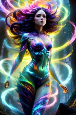 (best quality,8K,highres,masterpiece), ultra-detailed, (photorealistic, anime-style), illustration painting of a luminous and enchanting woman, undead/human-like creature with vibrant and colorful dark hair. The character strikes a dynamic pose in a fantastical realm environment filled with vivid hues and vibrant colors, illuminated by fantastical light particles. The mid shot composition and rule of thirds depth of field showcase intricate details, emphasizing the creature's grandeur and awe. The scene is cinematic, featuring double exposure effects and strong outlines, creating a stunning visual masterpiece bursting with lively and energetic colors. large breasts, DonM3l3m3nt4lXL, Biomimetic, holographic, 