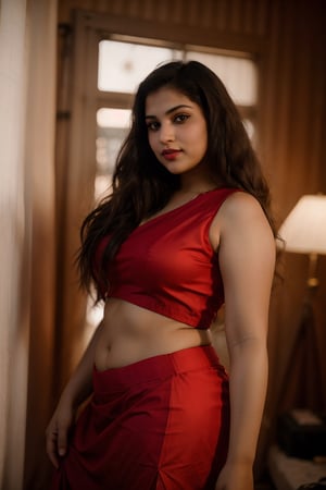 Raw photo, realistic, 28 year old  woman,   thick waist, long curly brown hair,, movie scene, cinematic, navel hole, high-quality, ultra-detailed, professionally color graded, professional photography. Chubby face,  ( hard light:1.2), (volumetric:1.2), well-lit, double exposure, award-winning photograph, happy_face, Fast shutter speed, 1/1000 sec shutter, salwar, red cloth, sleeveless,18 year old girl,1 girl,CyberpunkWorld,Sexy Pose,Chubby aunty