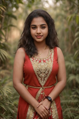 20 year old indian woman,  thick waist, long curly brown hair, gold jewels, front view, movie scene, cinematic, high-quality, ultra-detailed, professionally color graded, professional photography.  ( hard light:1.2), (volumetric:1.2), well-lit, double exposure, award-winning photograph, dramatic lighting, dramatic shadows, illumination, long shot, wide shot, full body, at studio, smart watch on left hand, happy_face, Fast shutter speed, 1/1000 sec shutter, golden_jewelry, embroidered traditional indian dress, , salwar, red cloth, sleeveless,18 year old girl,Athulya