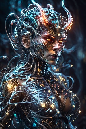(8k, RAW photo, highest quality), hyperrealistic, intricate abstract, intricate artwork, abstract style, hauntingly, (((cyborg:demon girl:2))), alarming, metallic tendrils entwined, fearsome, emitting an ethereal glow, frightening, harnessing the power of the cosmos, (intricate details), hdr, (intricate details, hyperdetailed:1.2), cinematic shot, extremely high-resolution details, photographic, realism pushed to extreme, fine texture, incredibly lifelike
 dark theme
