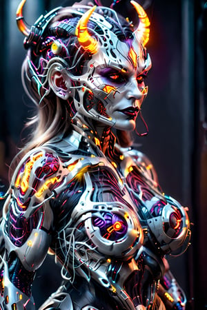 (8k, RAW photo, highest quality), hyperrealistic, intricate abstract, intricate artwork, abstract style, hauntingly, (((cyborg:demon girl:2))), alarming, metallic tendrils entwined, fearsome, emitting an ethereal glow, frightening, harnessing the power of the cosmos, (intricate details), hdr, (intricate details, hyperdetailed:1.2), cinematic shot, extremely high-resolution details, photographic, realism pushed to extreme, fine texture, incredibly lifelike
 dark theme
