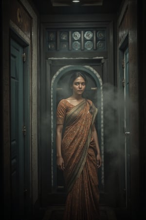 Casual photo of a young woman in dressing room, royal saree, queen, masterpiece,Girl22cinematic angle, (cinematic shadows, bokeh, depth of field:1.3) , (High detail RAW Photo), (extremely detailed skin, photorealistic, heavy shadow, dramatic and cinematic lighting, key light, fill light), sharp focus, cinematic, imperfect skin, fabrics, textures, detailed face, detailed skin, detailed fingers, NaturalHand2-3500, analog film photo Deep photo,depth of field,ferrania p30 film,shadows, perfect face and body, dimly lit, nervous, harsh camera flash, faded film, desaturated, 35mm photo, grainy, Kodachrome, Lomography, stained, highly detailed, found footage,, (black hair,
A flapper girl stands poised in a smokey atmosphere, bathed in ethereal light that accentuates her stunning features. Her fair skin glows under cinematic lighting, as she gazes directly into the camera with perfect eyes and a beautiful nose.  framing her face. The background is a masterpiece of art deco design, with intricate details and complex patterns that seem to leap off the screen in hyper-maximalist fashion. The subject's full-body is dressed in elaborate attire, with detailed decoration and lines that exude opulence. In stunning HDR and UHD, this unreal engine creation pops with gorgeous light and shadow.,